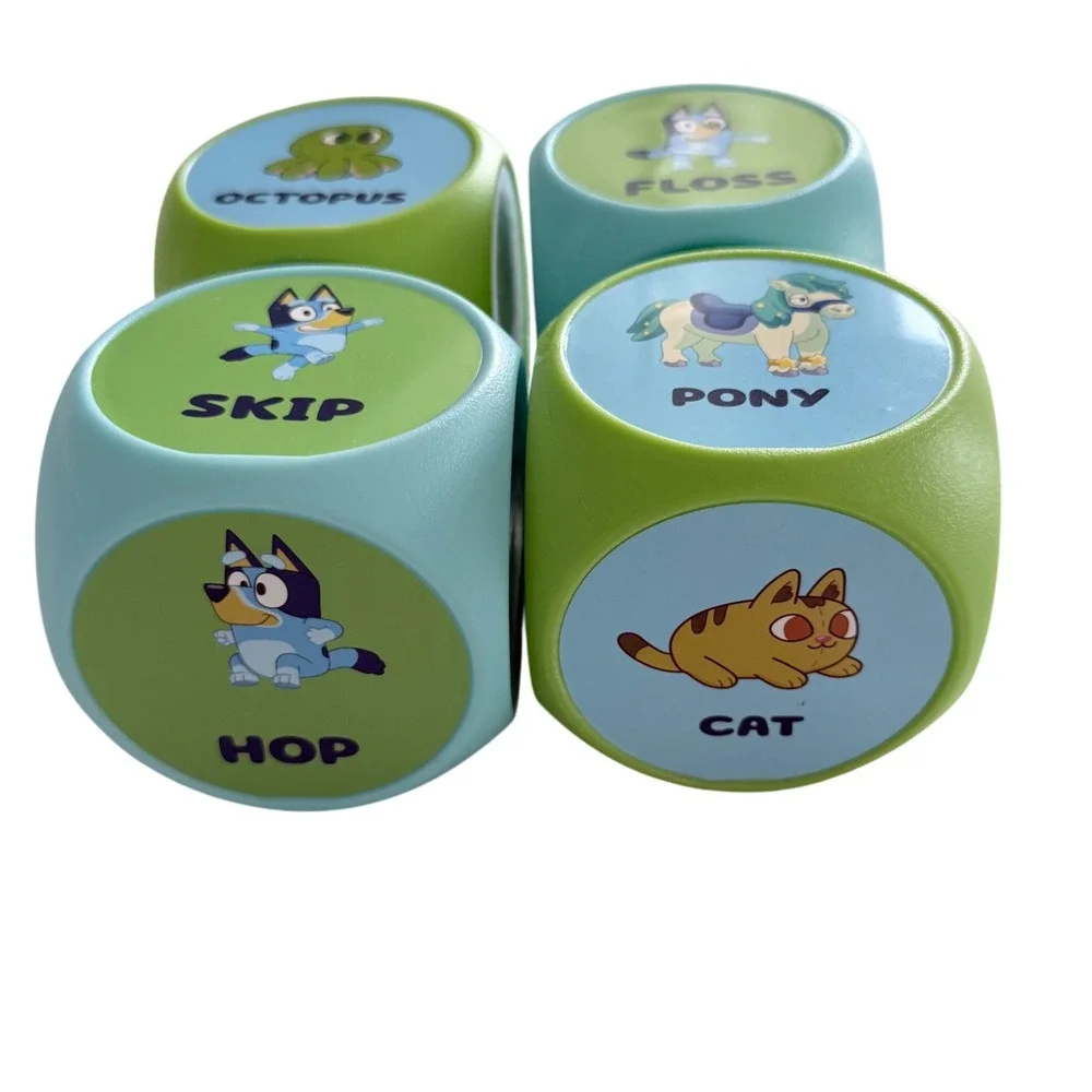 Bluey Action Dice Kids OS Blue Green 4 Inch Movement Game 4pc Set Plastic